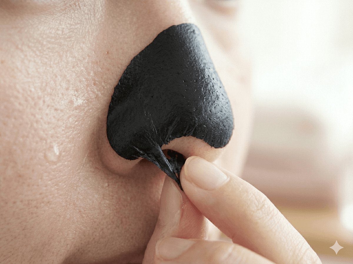 黒いピールオフパックを剥がす途中